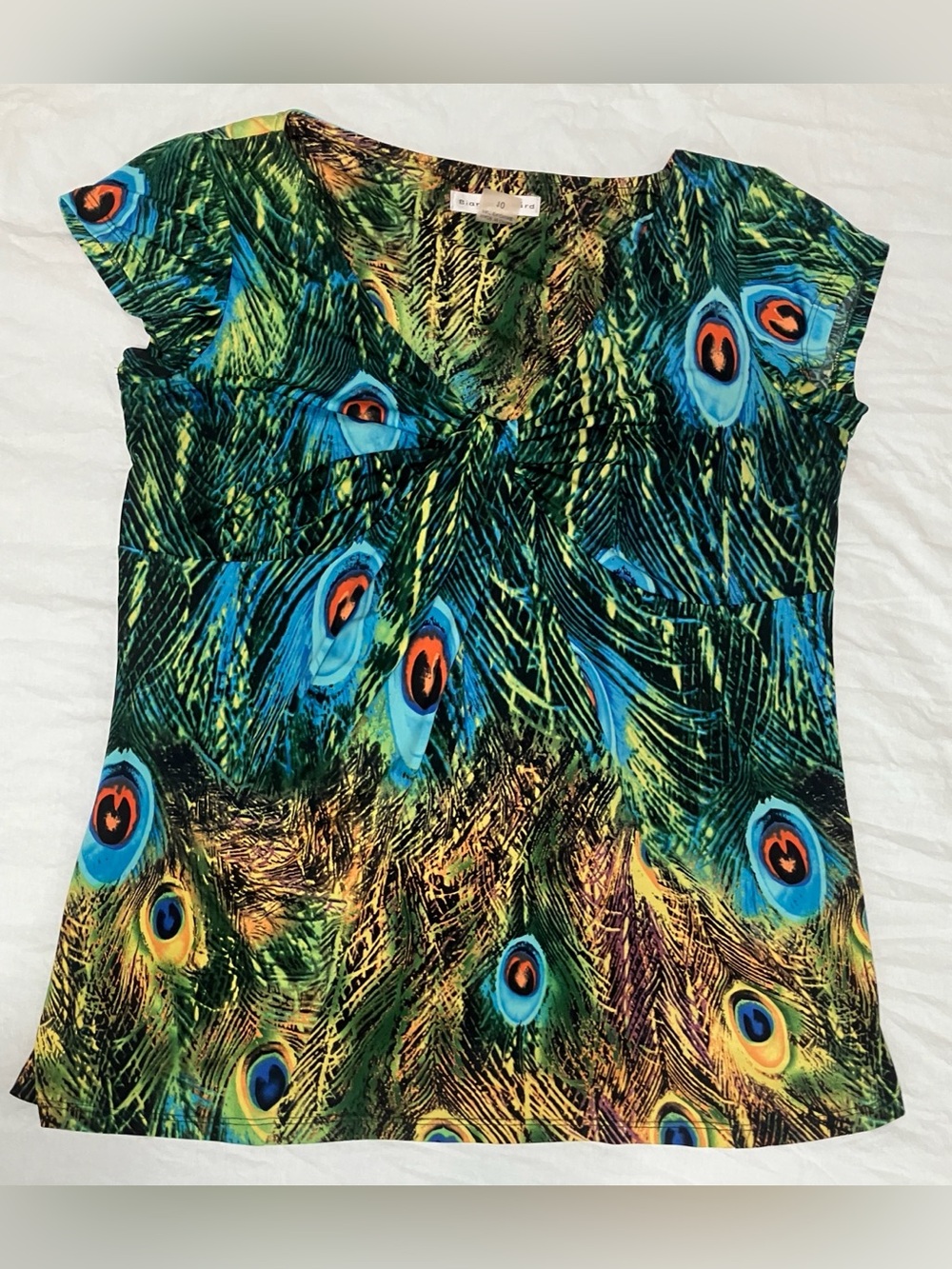 Bianca Nygard Peacock Feather Print Rusched Front V-Neck Top - Green Blue Yellow